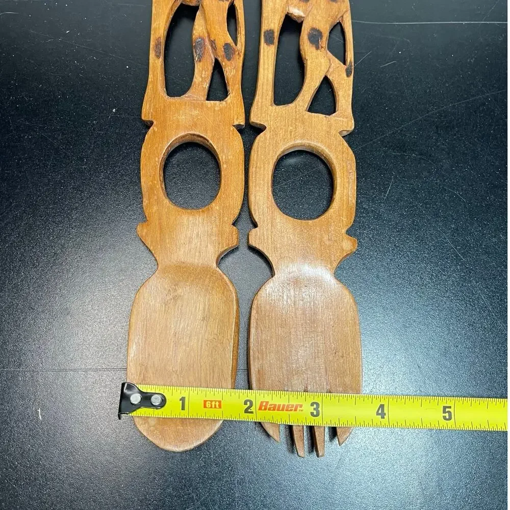 Vintage Hand Carved Wooden Giraffe Salad Spoon & Fork Set 11.25